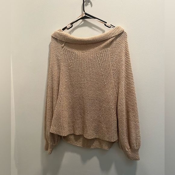 Free People Edessa Pullover Sweater Off the Shoulder Tan Beige Sz S - Picture 8 of 9